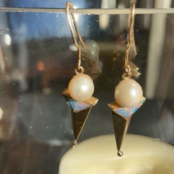 Vintage Gold Earrings Genuine 14K Gold Real Pearl Genuine Opal Artisan Earrings - Picture 9 of 16
